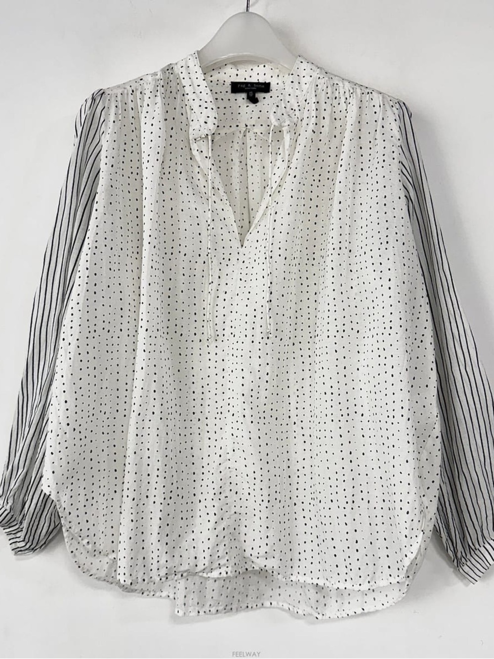 Rag & Bone White Polka Dot & Striped Sleeve Blouse Top Size Medium